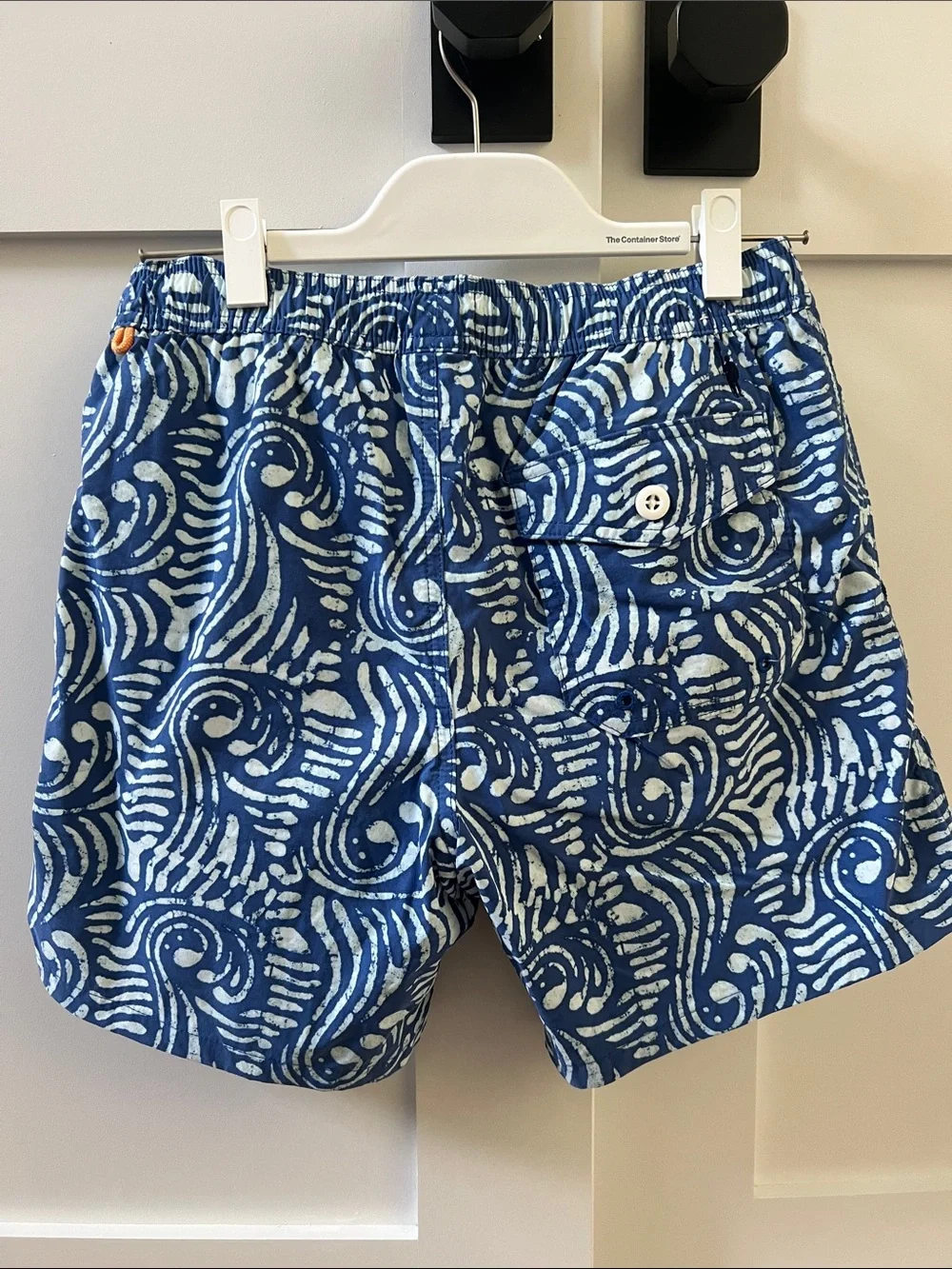 J. Crew Blue Wave-Print Men’s Swim Shorts with Orange Drawstring